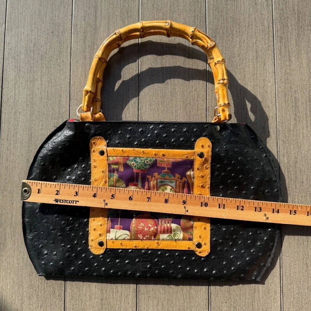 Dukes Designs Black Ostrich Embossed Bamboo Handle Handbag Asian Lantern Print